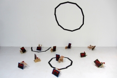 LEGNI 2. INSTALLAZIONE, 2015  Wood, jute, blackboards, paint and masking tape,  variable dimensions